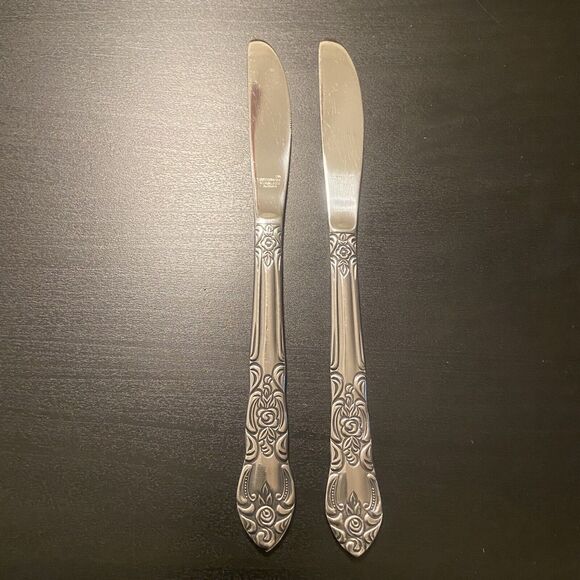 VTG LUSTREWARE Korea Stainless ROSE 7pc Flatware Fork Spoon Knife & Serving Fork - Picture 8 of 16
